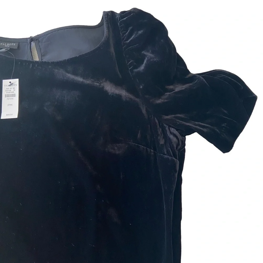 Talbots Women's Black Velour Blouse Top Ruched Short Sleeves Button Back PM NWT - Picture 8 of 14